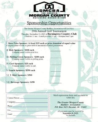 GMCBA Morgan County 2023 Golf Tournament Sponsorship Sheet