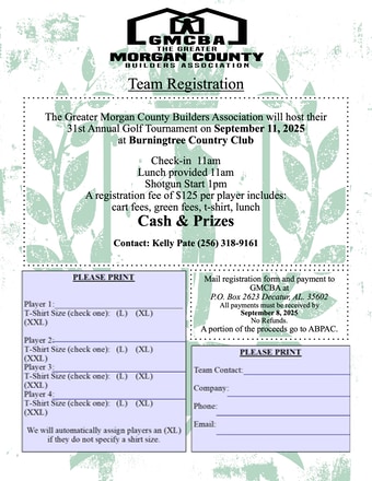 Greater Morgan County Builders Association Golf Tournament Team Registration Form